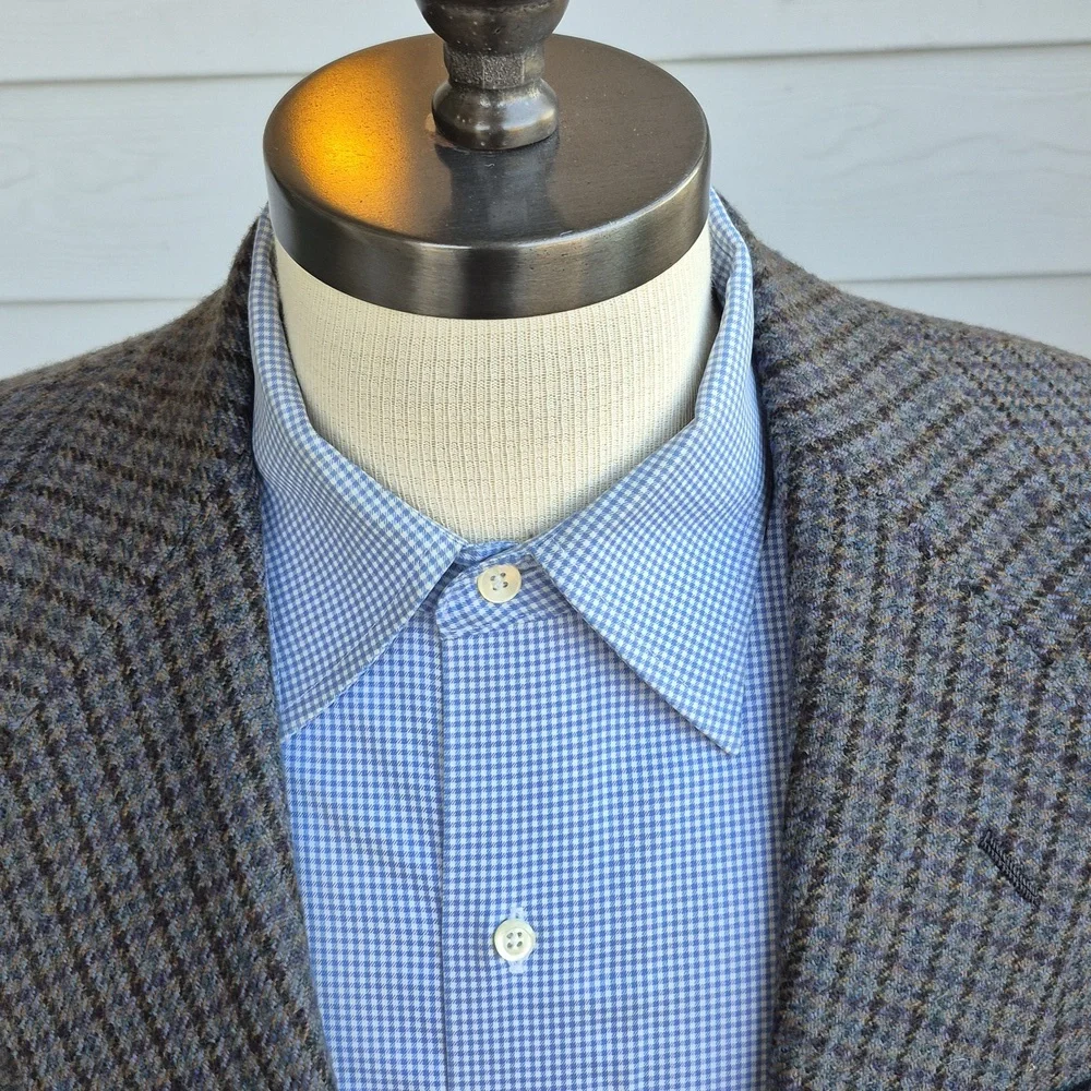 OXXFORD Green Grey Tan Plaid Houndstooth Weave Tweed Sz 40 R Mens Sport Coat VTG